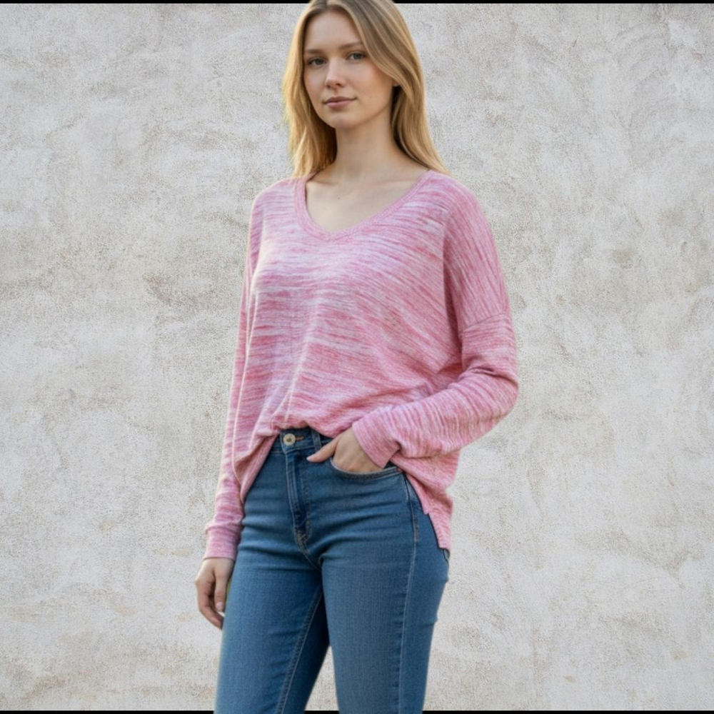 🌈GAP | Women's Pink & White Marled Wide Crewneck Cotton Sweater S